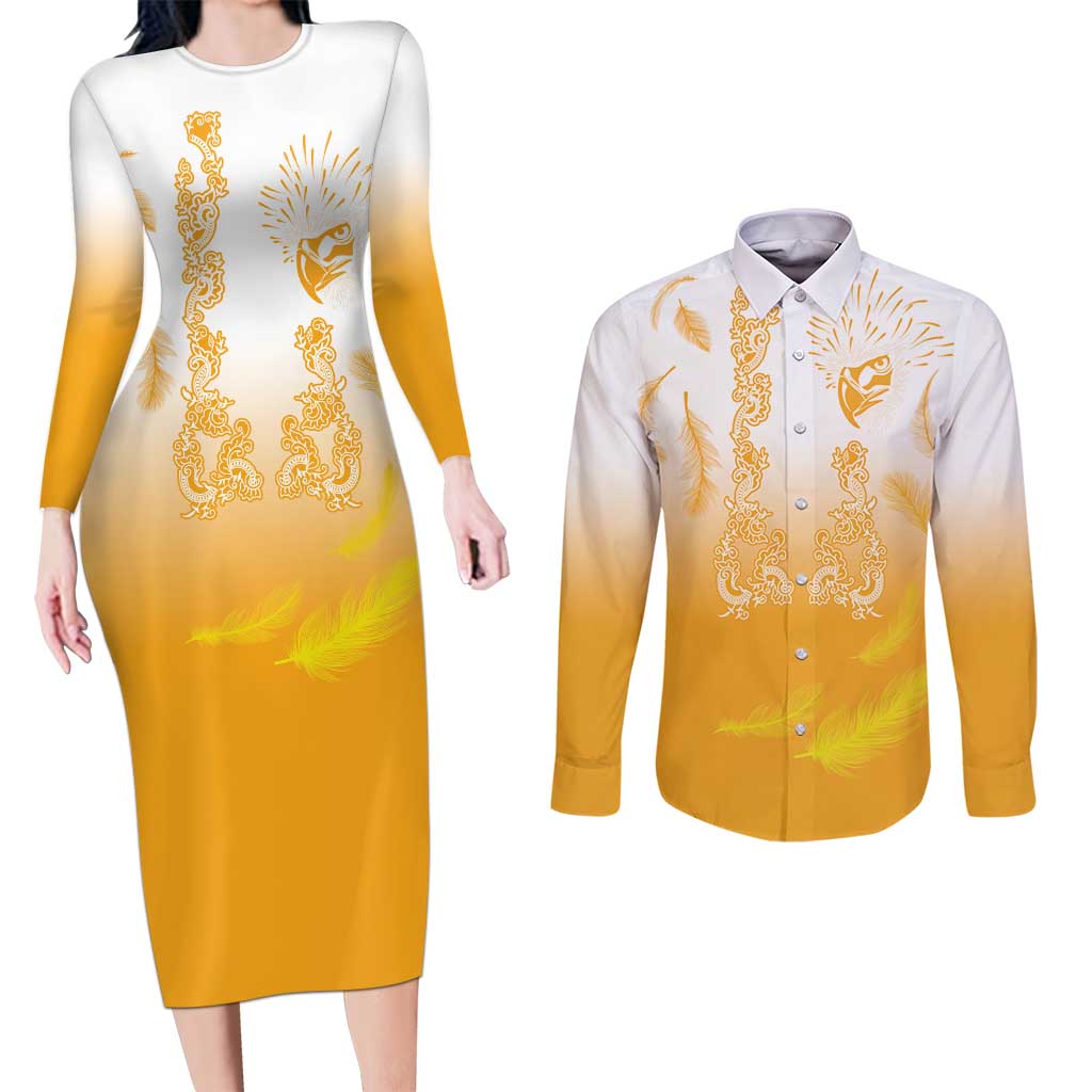 Philippines National Costume Style Couples Matching Long Sleeve Bodycon Dress and Long Sleeve Button Shirt Barong Tagalog and Eagle Feather Yellow Color LT03 Yellow - Polynesian Pride