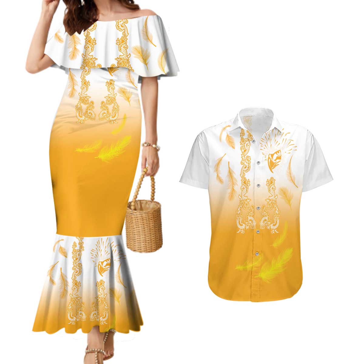 Philippines National Costume Style Couples Matching Mermaid Dress and Hawaiian Shirt Barong Tagalog and Eagle Feather Yellow Color LT03 Yellow - Polynesian Pride