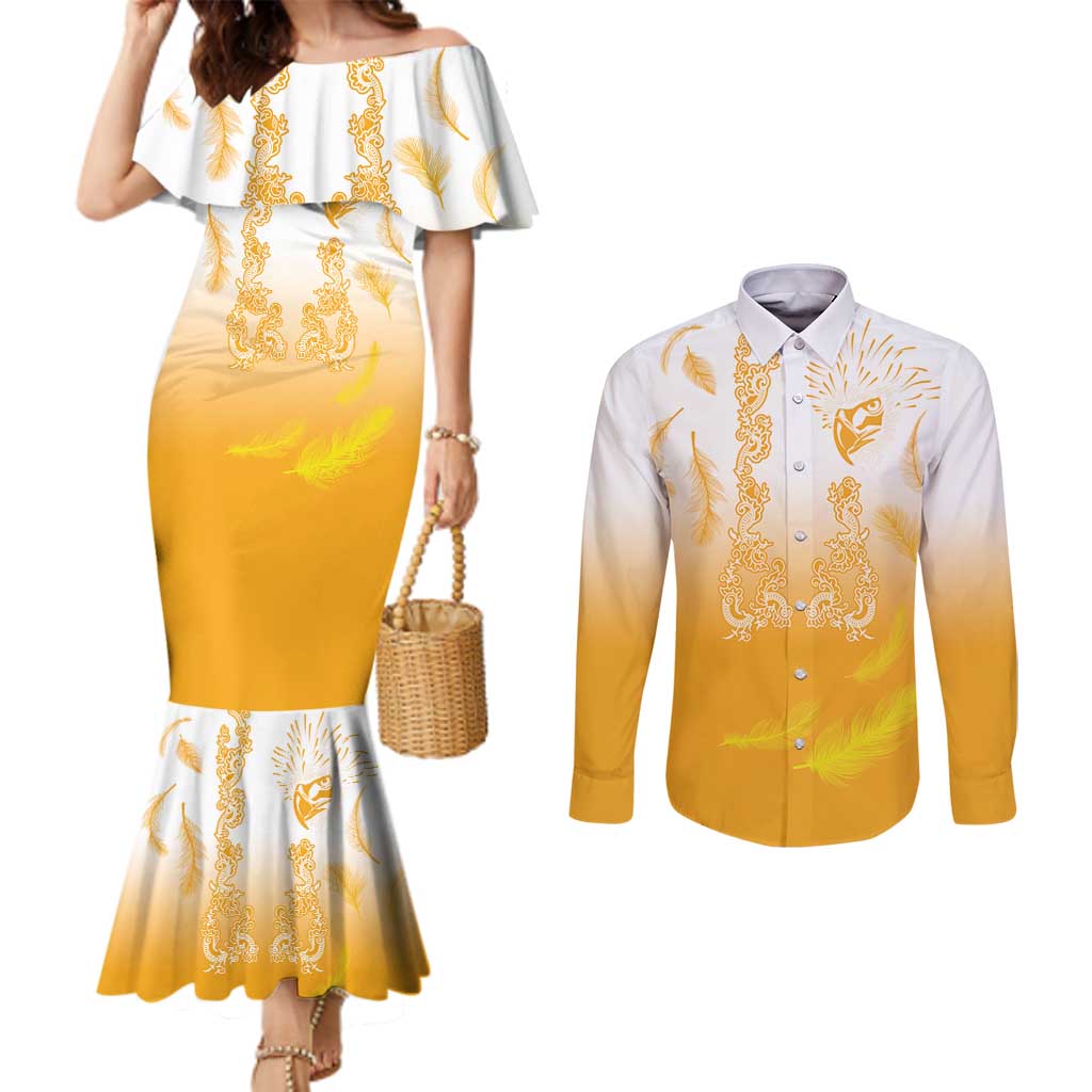 Philippines National Costume Style Couples Matching Mermaid Dress and Long Sleeve Button Shirt Barong Tagalog and Eagle Feather Yellow Color LT03 Yellow - Polynesian Pride