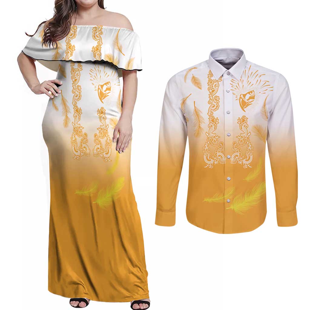 Philippines National Costume Style Couples Matching Off Shoulder Maxi Dress and Long Sleeve Button Shirt Barong Tagalog and Eagle Feather Yellow Color LT03 Yellow - Polynesian Pride