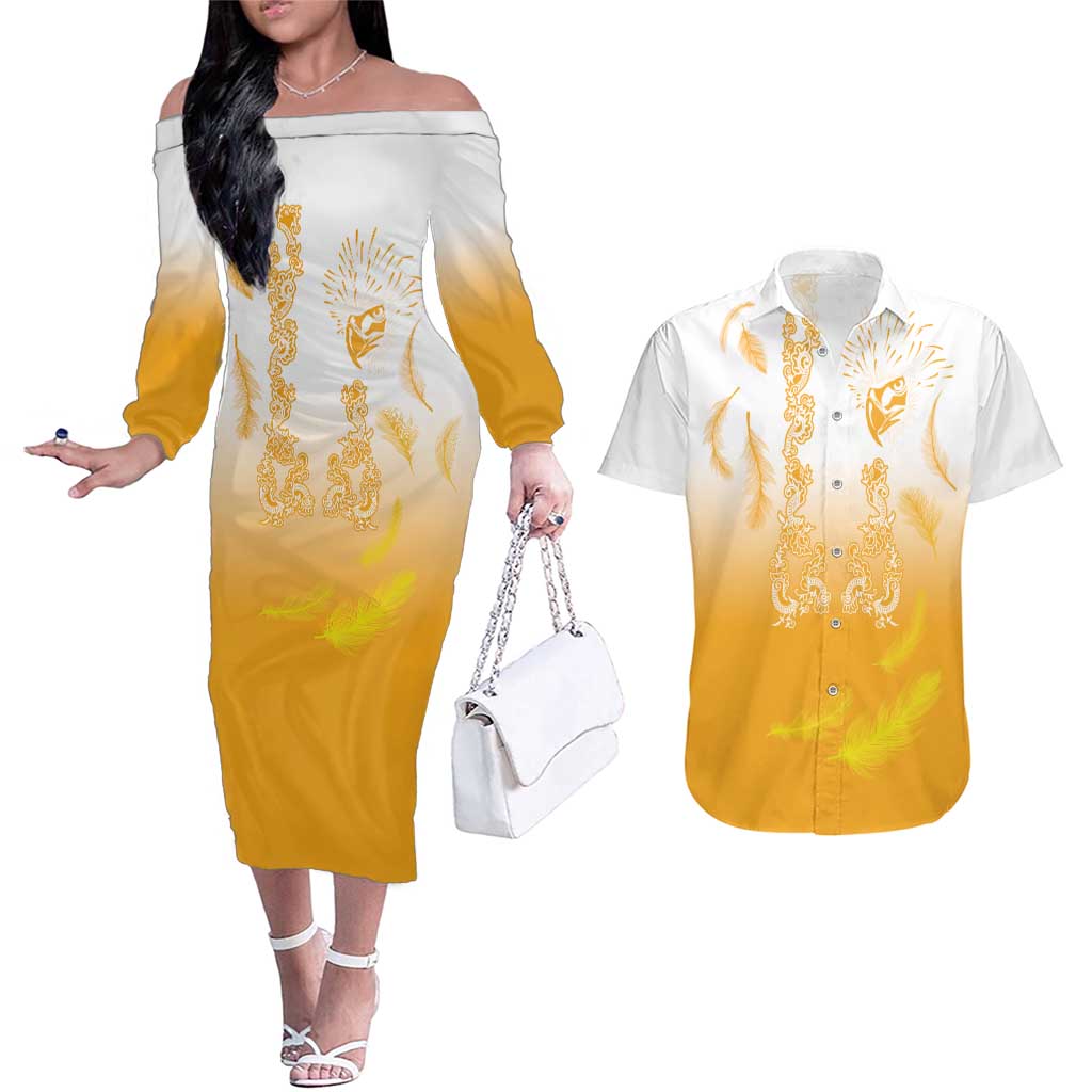 Philippines National Costume Style Couples Matching Off The Shoulder Long Sleeve Dress and Hawaiian Shirt Barong Tagalog and Eagle Feather Yellow Color LT03 Yellow - Polynesian Pride