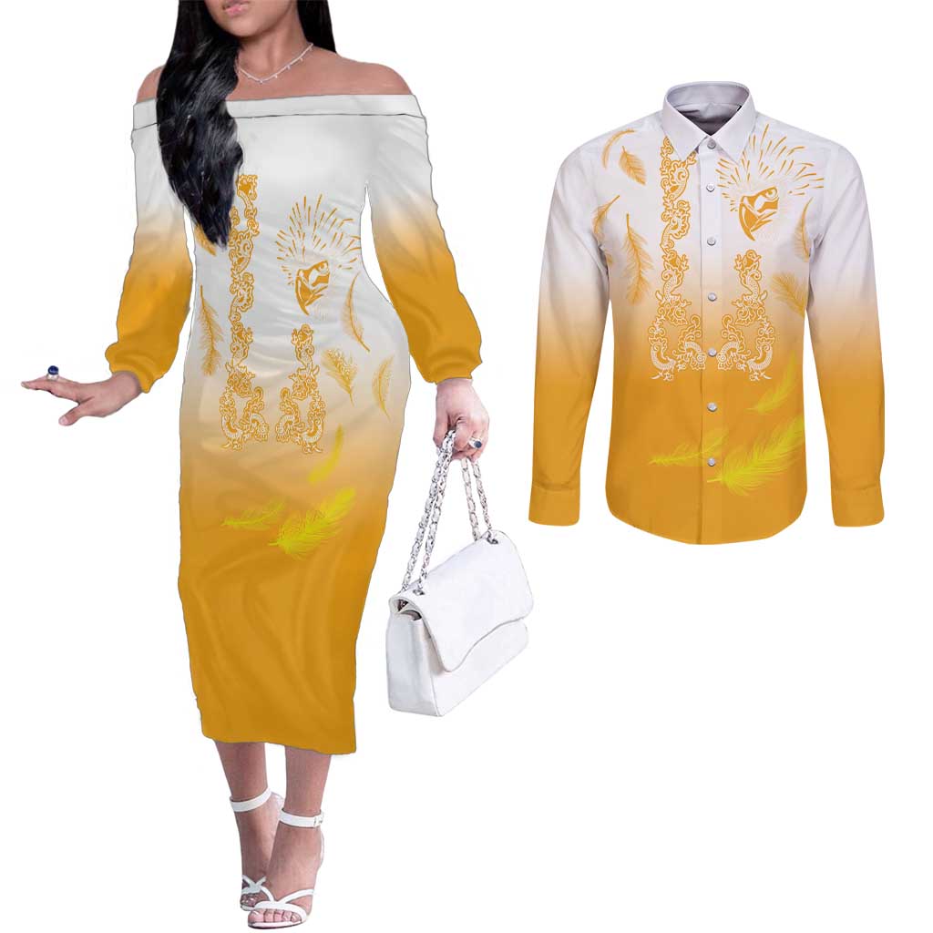 Philippines National Costume Style Couples Matching Off The Shoulder Long Sleeve Dress and Long Sleeve Button Shirt Barong Tagalog and Eagle Feather Yellow Color LT03 Yellow - Polynesian Pride