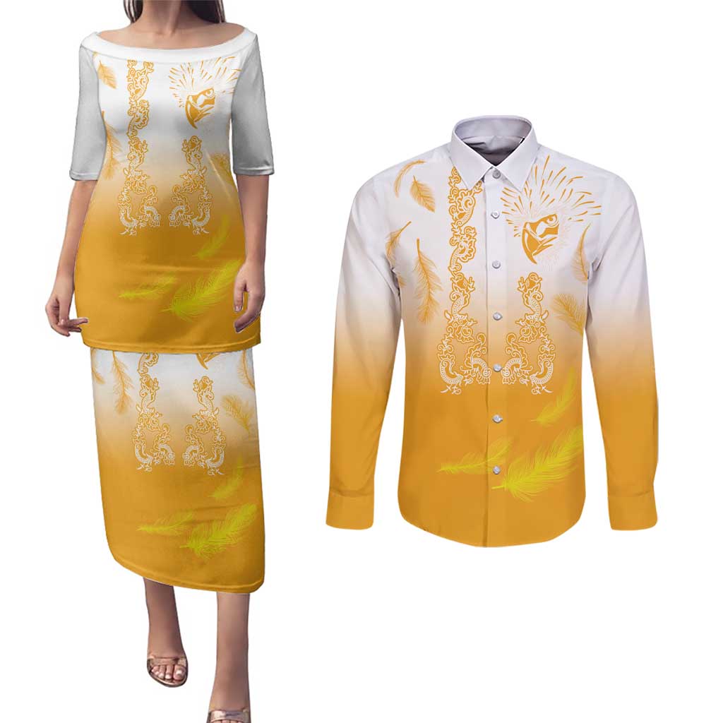 Philippines National Costume Style Couples Matching Puletasi and Long Sleeve Button Shirt Barong Tagalog and Eagle Feather Yellow Color LT03 Yellow - Polynesian Pride