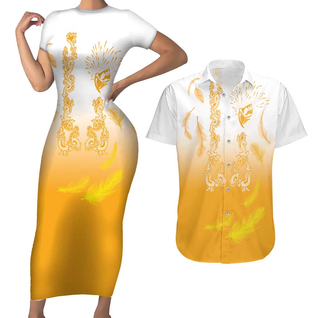 Philippines National Costume Style Couples Matching Short Sleeve Bodycon Dress and Hawaiian Shirt Barong Tagalog and Eagle Feather Yellow Color LT03 Yellow - Polynesian Pride
