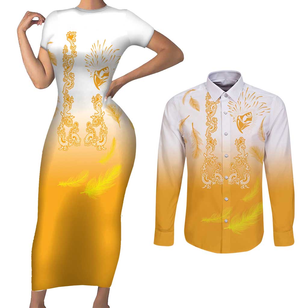 Philippines National Costume Style Couples Matching Short Sleeve Bodycon Dress and Long Sleeve Button Shirt Barong Tagalog and Eagle Feather Yellow Color LT03 Yellow - Polynesian Pride