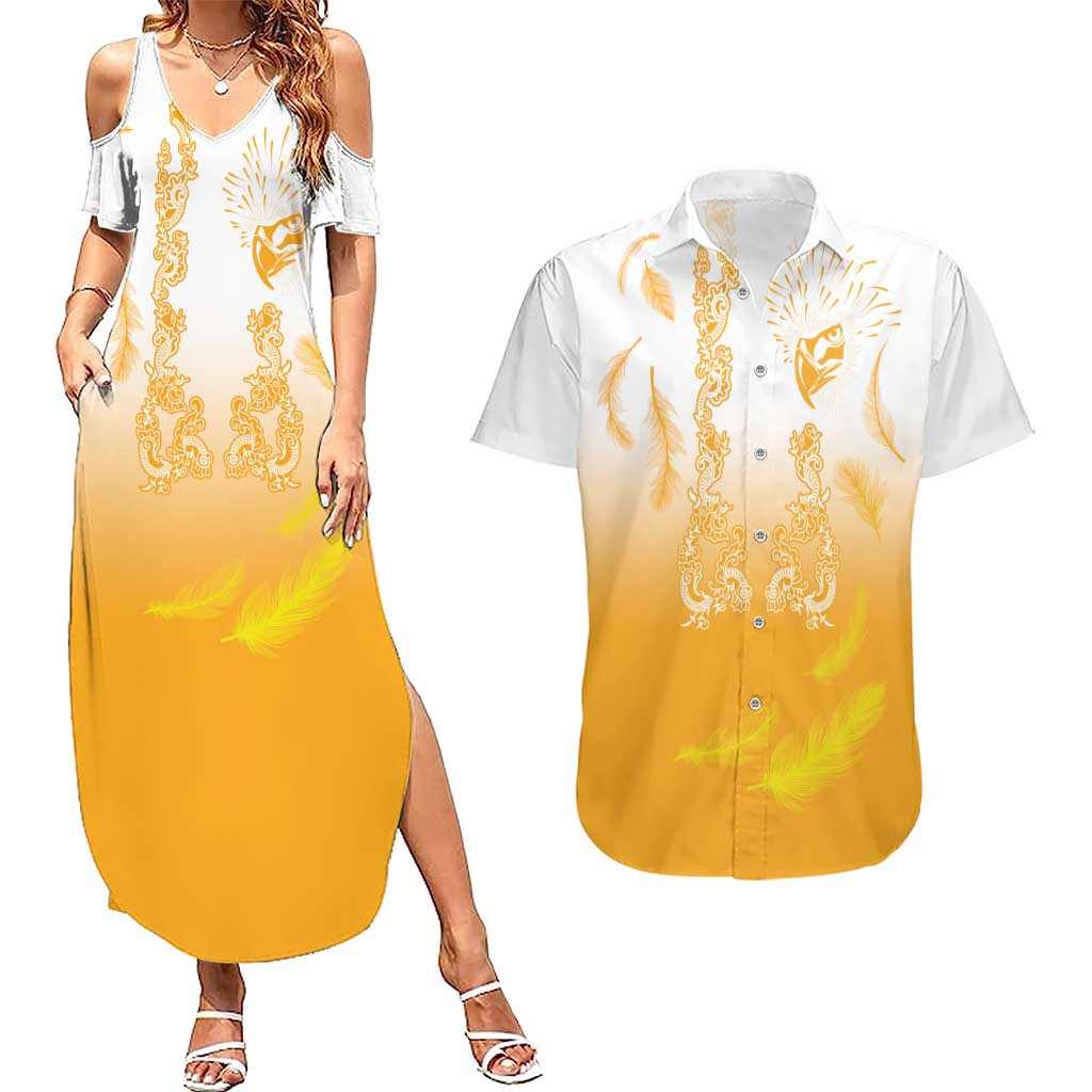 Philippines National Costume Style Couples Matching Summer Maxi Dress and Hawaiian Shirt Barong Tagalog and Eagle Feather Yellow Color LT03 Yellow - Polynesian Pride