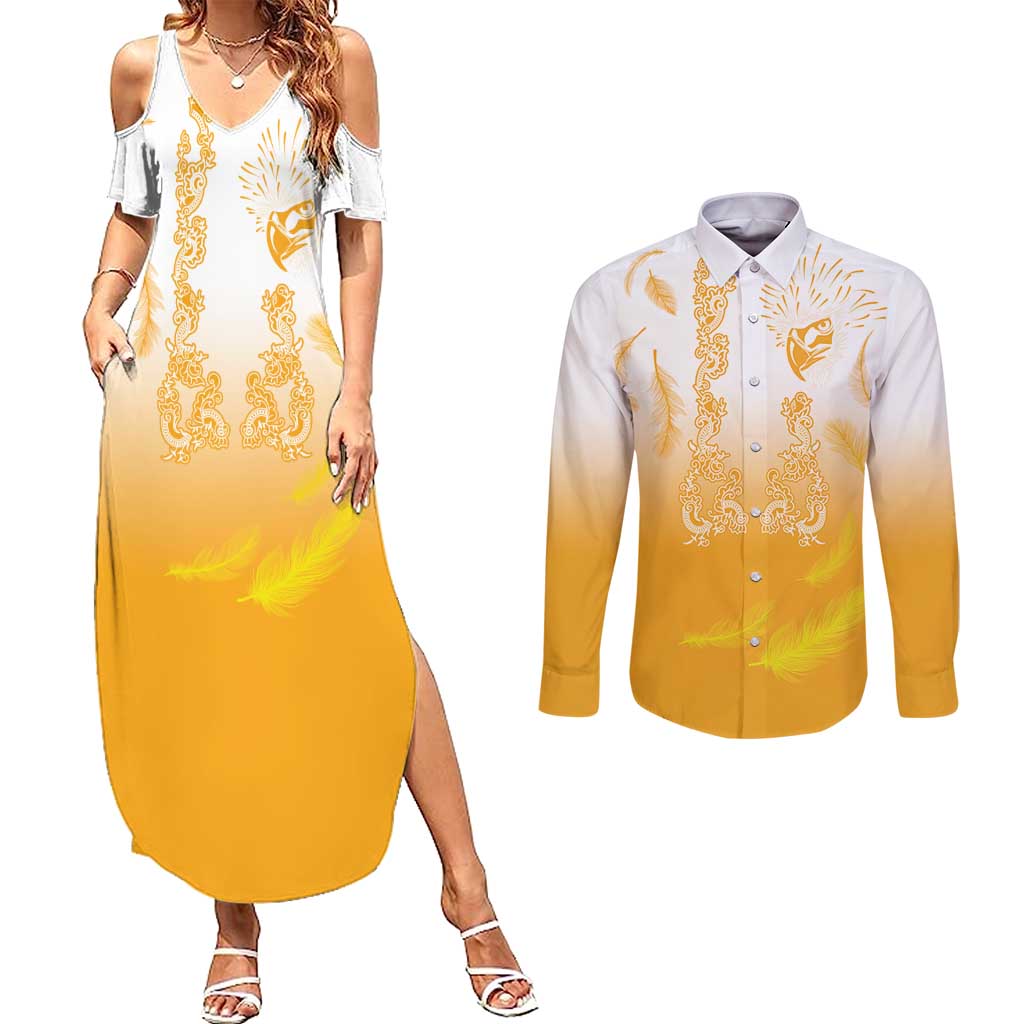 Philippines National Costume Style Couples Matching Summer Maxi Dress and Long Sleeve Button Shirt Barong Tagalog and Eagle Feather Yellow Color LT03 Yellow - Polynesian Pride