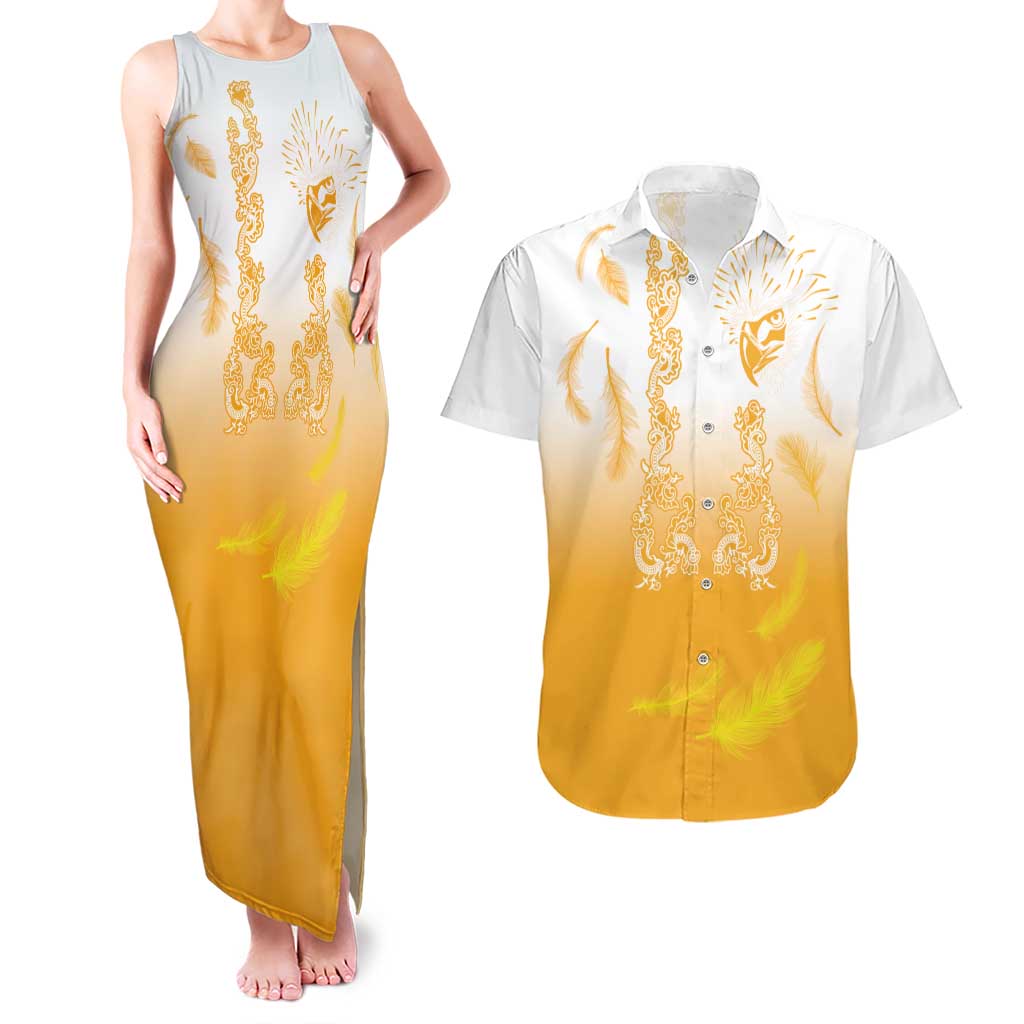 Philippines National Costume Style Couples Matching Tank Maxi Dress and Hawaiian Shirt Barong Tagalog and Eagle Feather Yellow Color LT03 Yellow - Polynesian Pride
