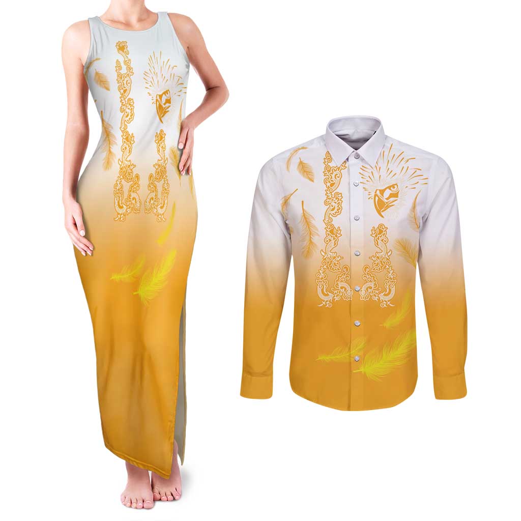 Philippines National Costume Style Couples Matching Tank Maxi Dress and Long Sleeve Button Shirt Barong Tagalog and Eagle Feather Yellow Color LT03 Yellow - Polynesian Pride