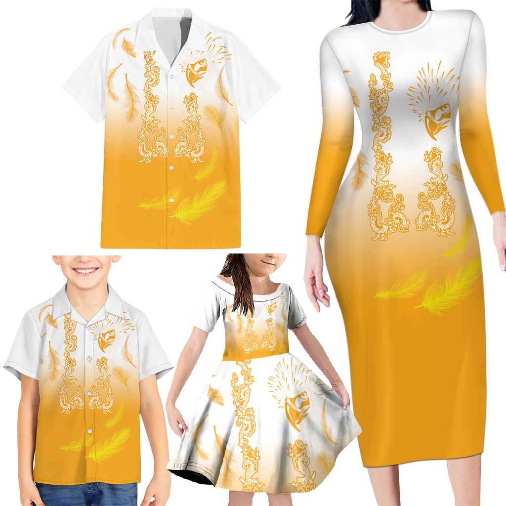 Philippines National Costume Style Family Matching Long Sleeve Bodycon Dress and Hawaiian Shirt Barong Tagalog and Eagle Feather Yellow Color