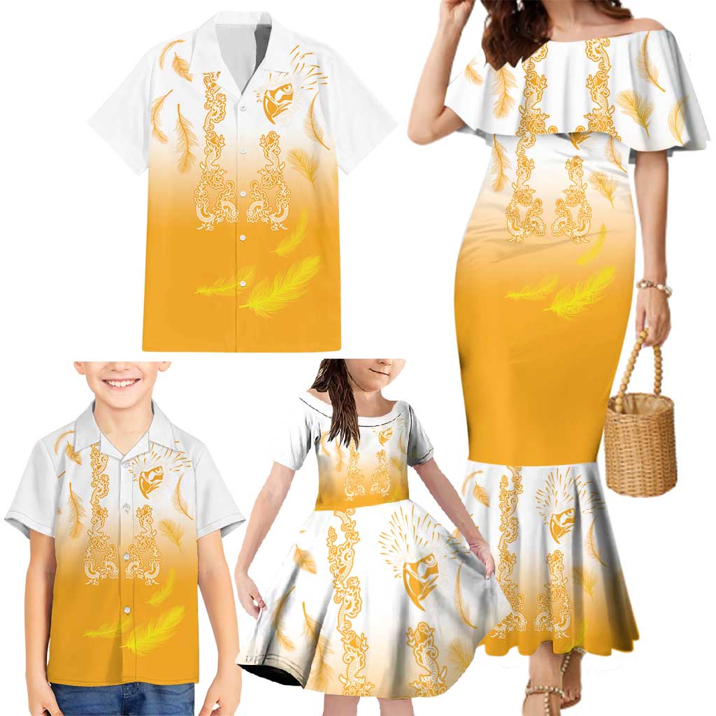 Philippines National Costume Style Family Matching Mermaid Dress and Hawaiian Shirt Barong Tagalog and Eagle Feather Yellow Color