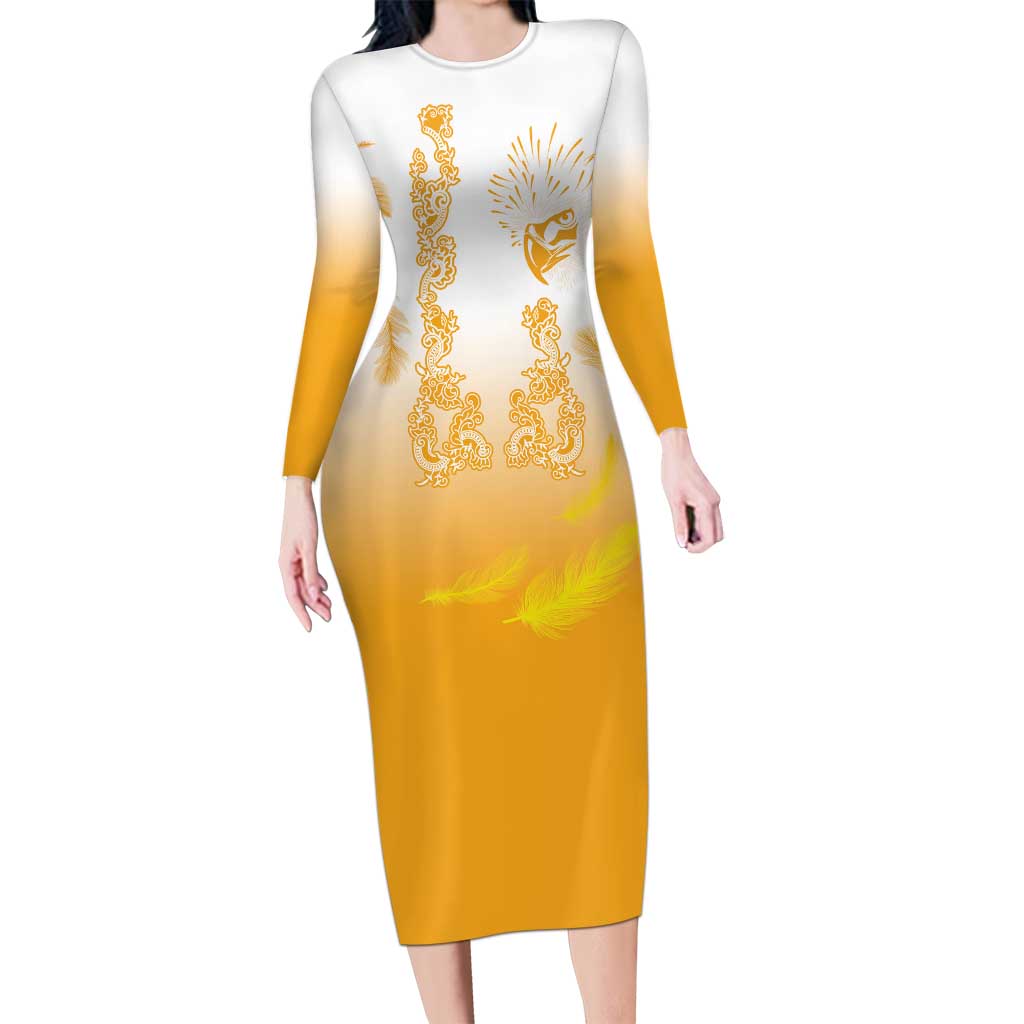 Philippines National Costume Style Long Sleeve Bodycon Dress Barong Tagalog  and Eagle Feather Yellow Color - Polynesian Pride