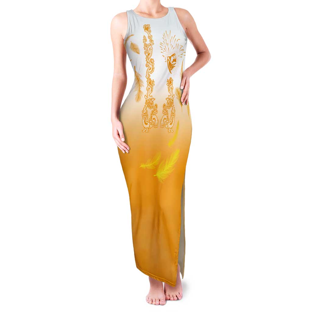 Philippines National Costume Style Tank Maxi Dress Barong Tagalog and Eagle Feather Yellow Color