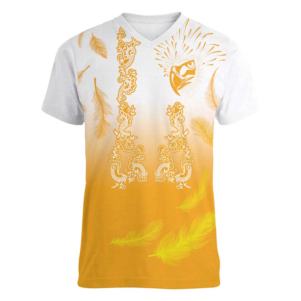 Philippines National Costume Style Women V-Neck T-Shirt Barong Tagalog and Eagle Feather Yellow Color LT03 Female Yellow - Polynesian Pride