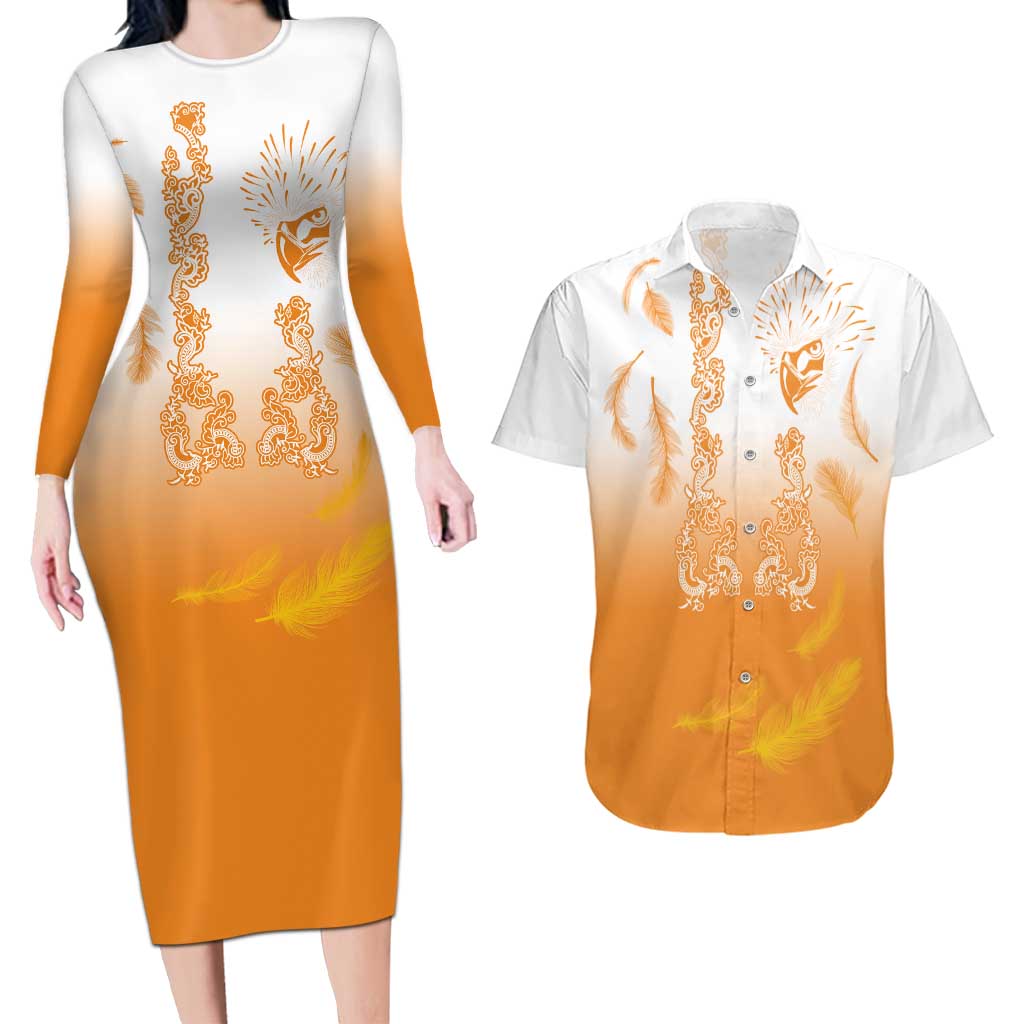 Philippines National Costume Style Couples Matching Long Sleeve Bodycon Dress and Hawaiian Shirt Barong Tagalog and Eagle Feather Orange Color LT03 Orange - Polynesian Pride