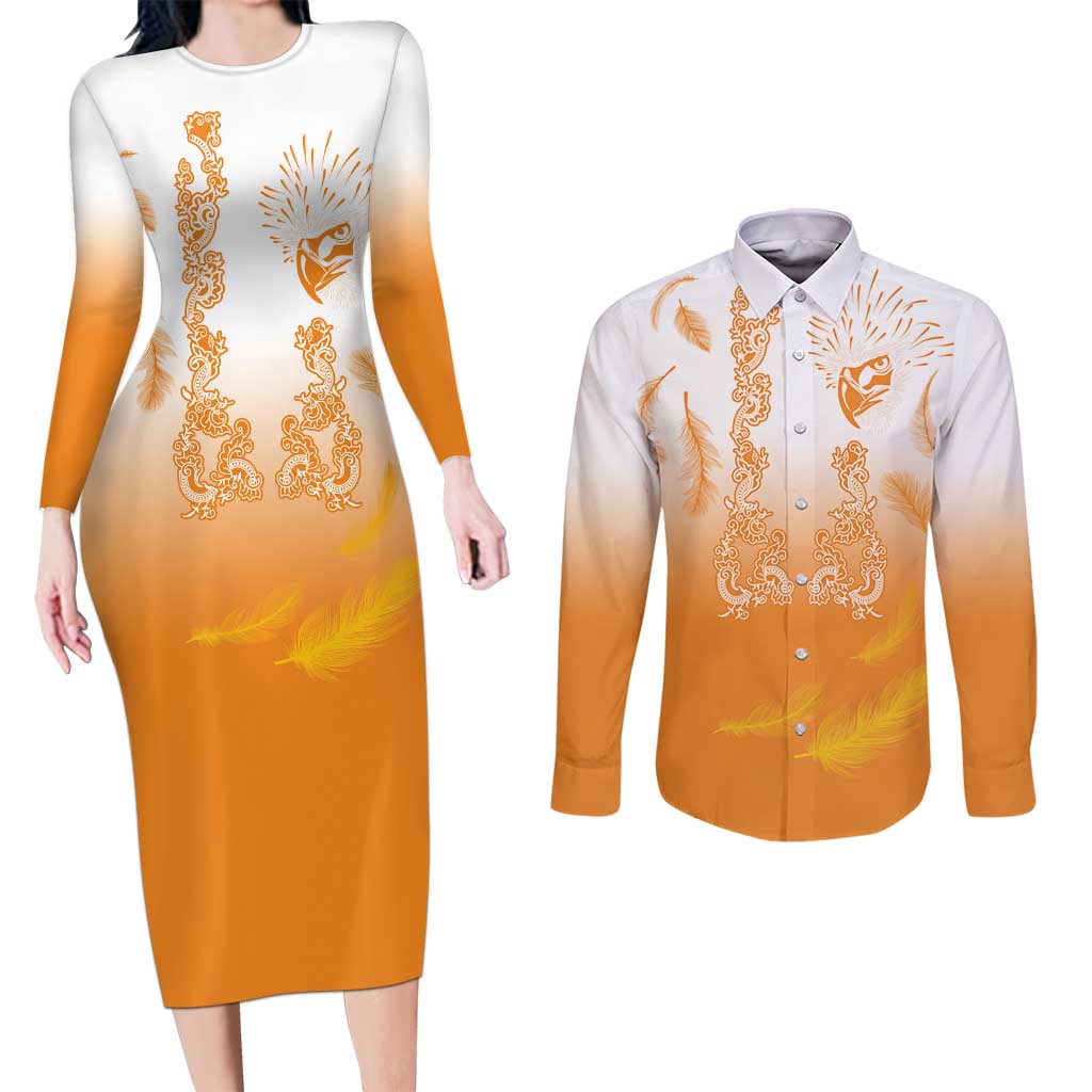 Philippines National Costume Style Couples Matching Long Sleeve Bodycon Dress and Long Sleeve Button Shirt Barong Tagalog and Eagle Feather Orange Color LT03 Orange - Polynesian Pride