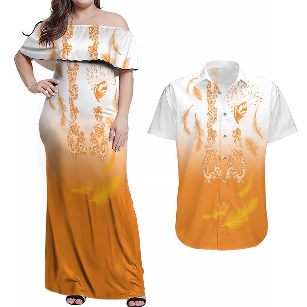 Philippines National Costume Style Couples Matching Off Shoulder Maxi Dress and Hawaiian Shirt Barong Tagalog and Eagle Feather Orange Color LT03 Orange - Polynesian Pride