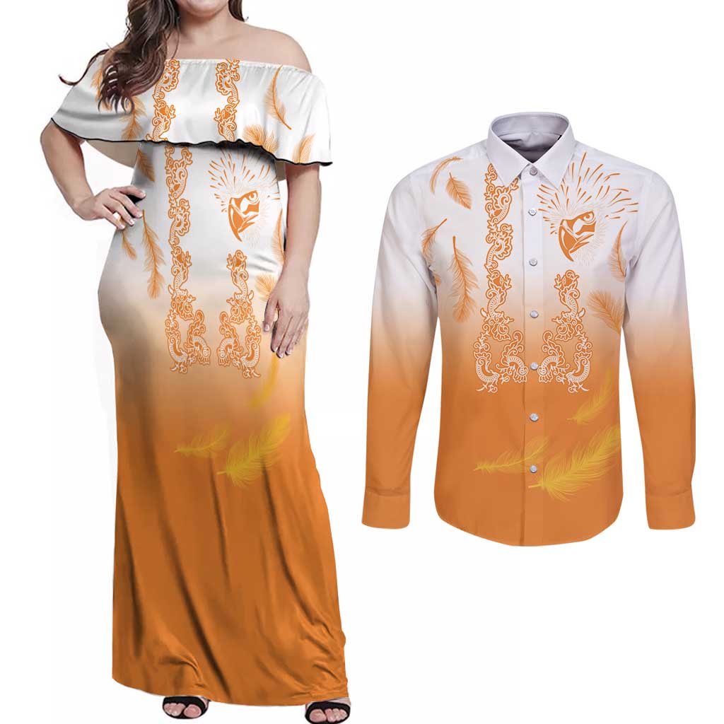 Philippines National Costume Style Couples Matching Off Shoulder Maxi Dress and Long Sleeve Button Shirt Barong Tagalog and Eagle Feather Orange Color LT03 Orange - Polynesian Pride