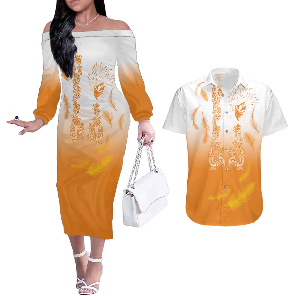 Philippines National Costume Style Couples Matching Off The Shoulder Long Sleeve Dress and Hawaiian Shirt Barong Tagalog and Eagle Feather Orange Color LT03 Orange - Polynesian Pride