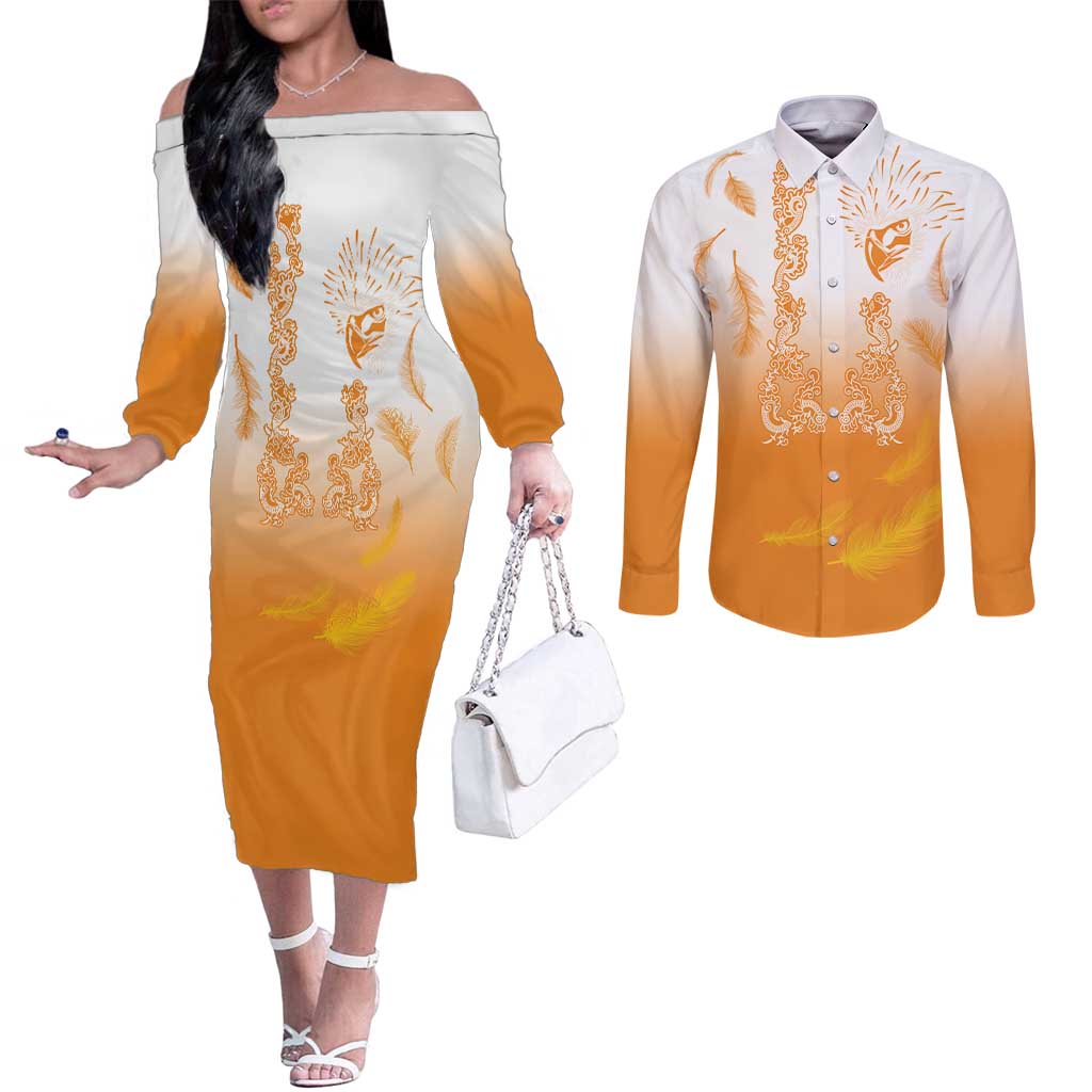 Philippines National Costume Style Couples Matching Off The Shoulder Long Sleeve Dress and Long Sleeve Button Shirt Barong Tagalog and Eagle Feather Orange Color LT03 Orange - Polynesian Pride