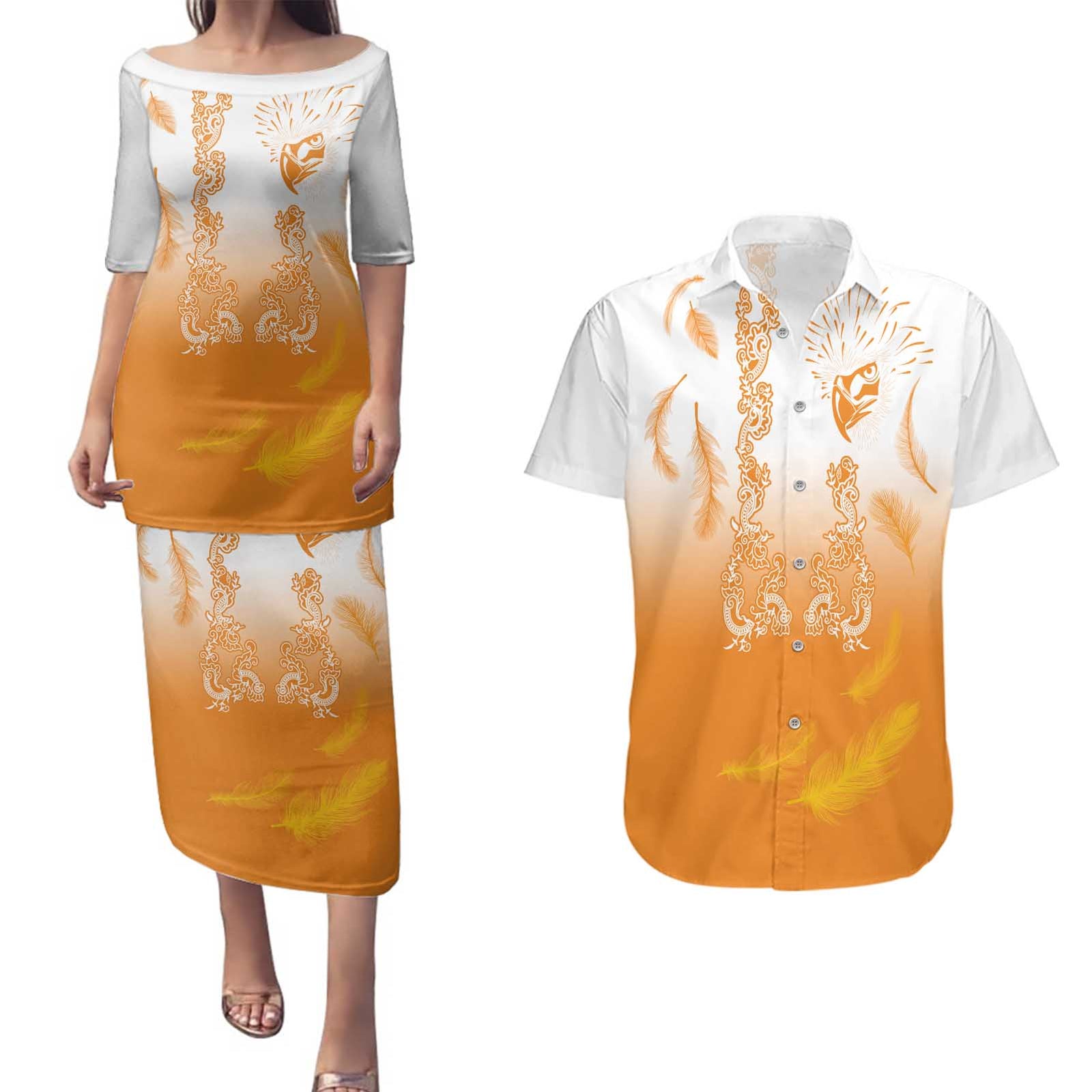 Philippines National Costume Style Couples Matching Puletasi and Hawaiian Shirt Barong Tagalog and Eagle Feather Orange Color LT03 Orange - Polynesian Pride