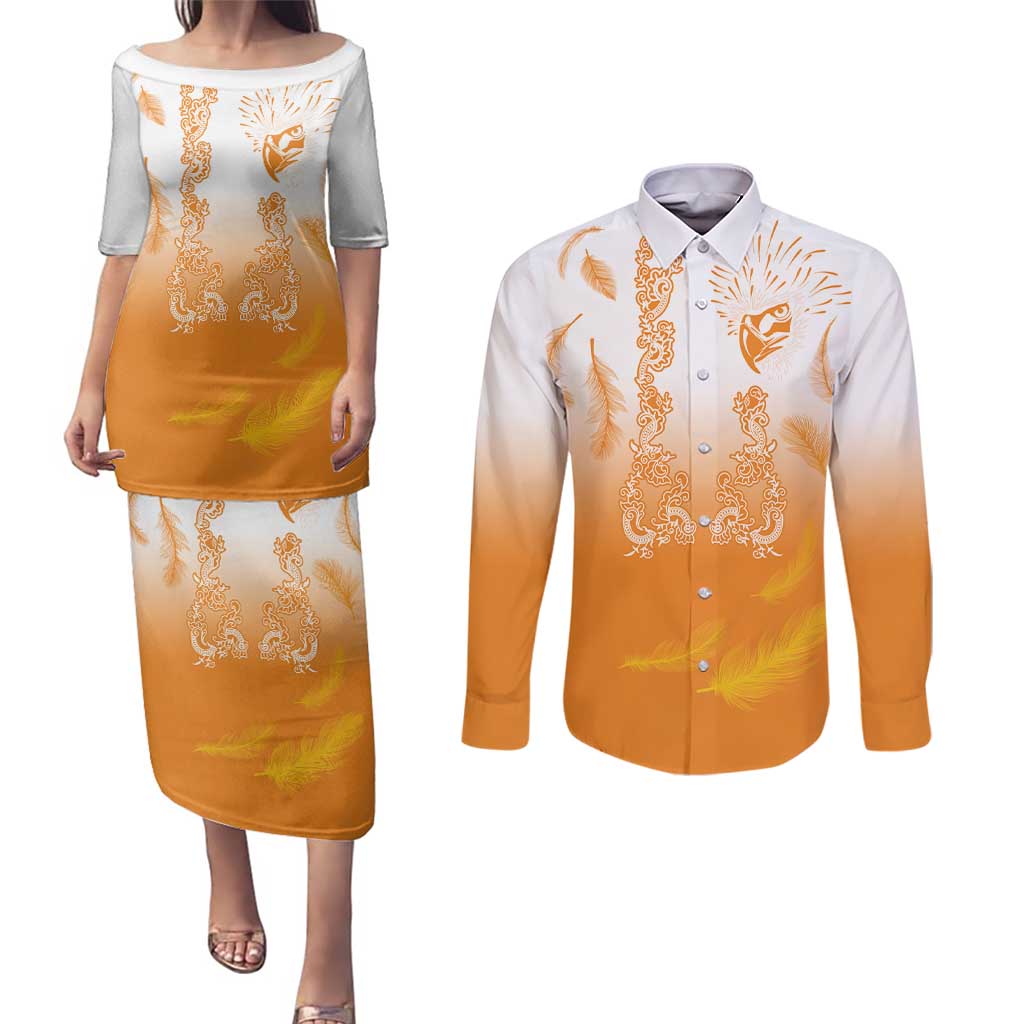 Philippines National Costume Style Couples Matching Puletasi and Long Sleeve Button Shirt Barong Tagalog and Eagle Feather Orange Color LT03 Orange - Polynesian Pride