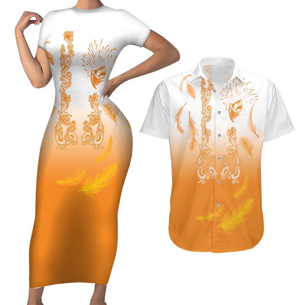 Philippines National Costume Style Couples Matching Short Sleeve Bodycon Dress and Hawaiian Shirt Barong Tagalog and Eagle Feather Orange Color LT03 Orange - Polynesian Pride
