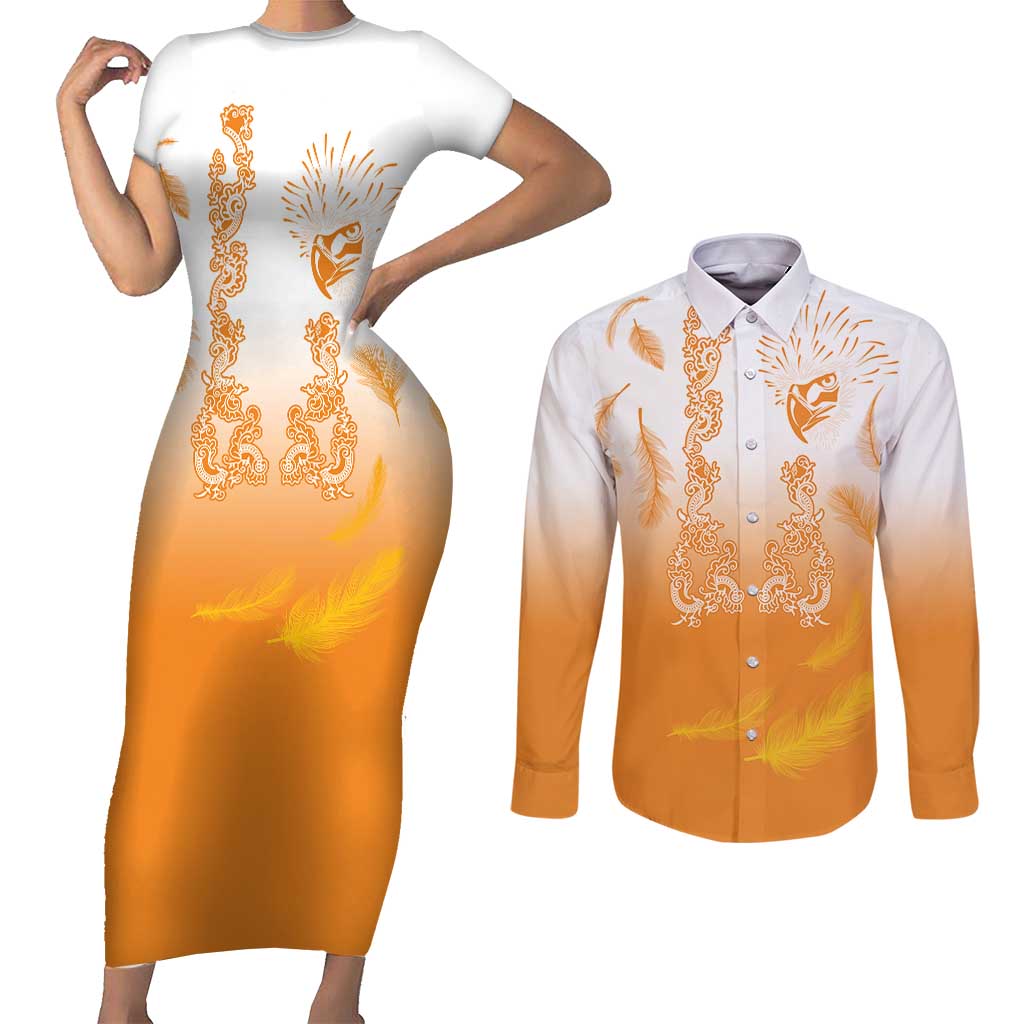 Philippines National Costume Style Couples Matching Short Sleeve Bodycon Dress and Long Sleeve Button Shirt Barong Tagalog and Eagle Feather Orange Color LT03 Orange - Polynesian Pride