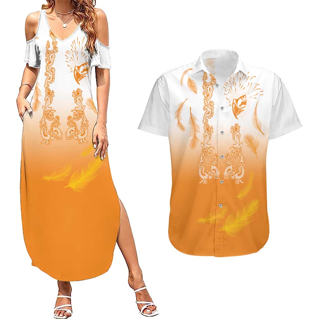 Philippines National Costume Style Couples Matching Summer Maxi Dress and Hawaiian Shirt Barong Tagalog and Eagle Feather Orange Color LT03 Orange - Polynesian Pride