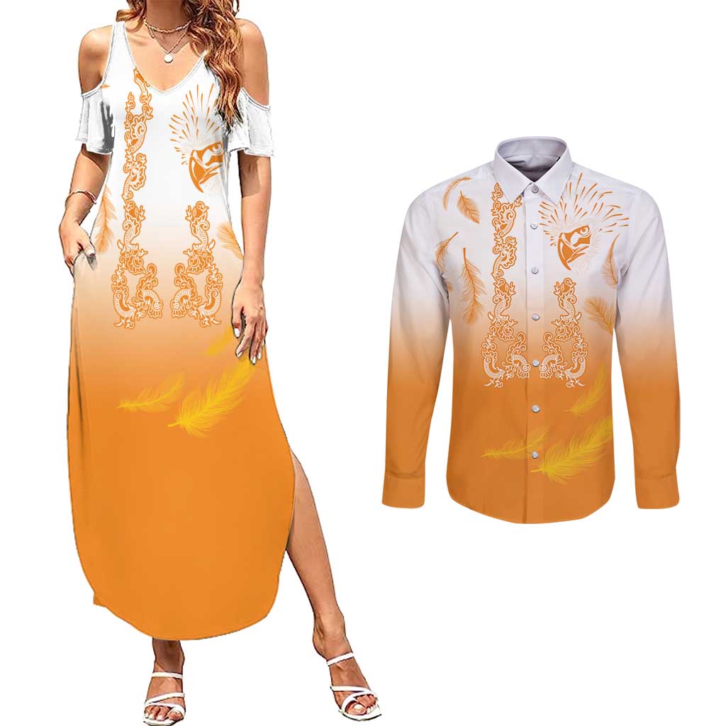Philippines National Costume Style Couples Matching Summer Maxi Dress and Long Sleeve Button Shirt Barong Tagalog and Eagle Feather Orange Color LT03 Orange - Polynesian Pride