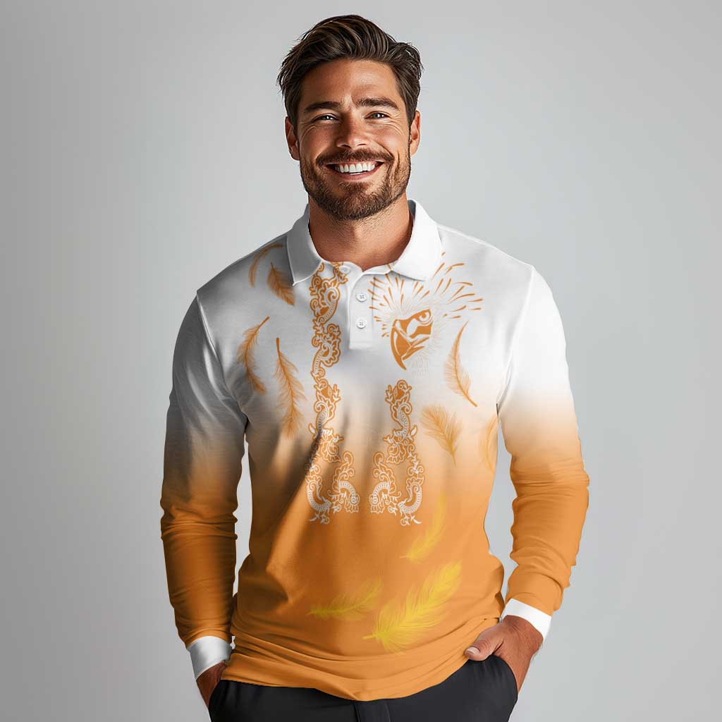 Philippines National Costume Style Long Sleeve Polo Shirt Barong Tagalog and Eagle Feather Orange Color
