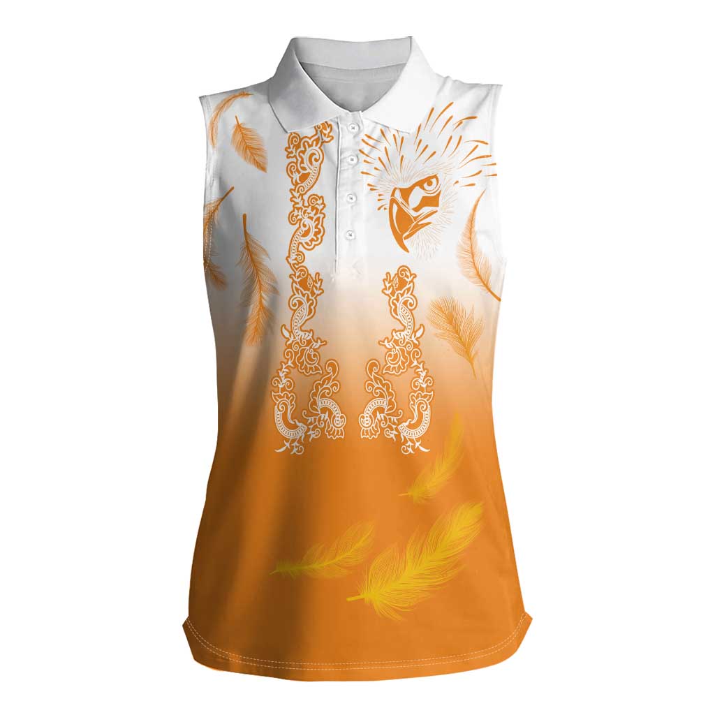 Philippines National Costume Style Women Sleeveless Polo Shirt Barong Tagalog and Eagle Feather Orange Color LT03 Female Orange - Polynesian Pride