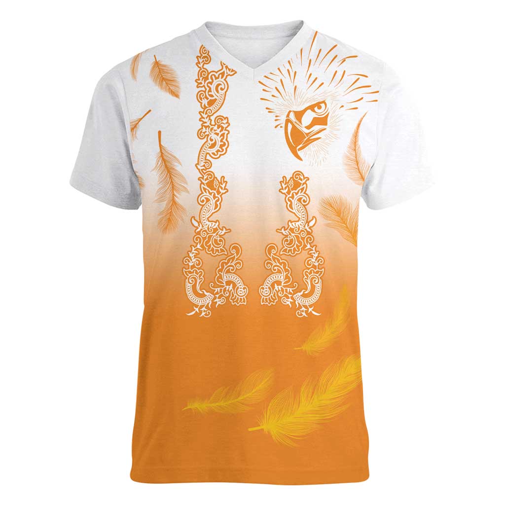 Philippines National Costume Style Women V-Neck T-Shirt Barong Tagalog and Eagle Feather Orange Color LT03 Female Orange - Polynesian Pride