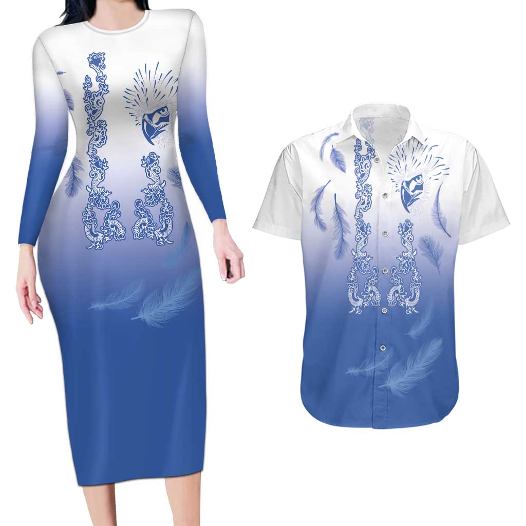 Philippines National Costume Style Couples Matching Long Sleeve Bodycon Dress and Hawaiian Shirt Barong Tagalog and Eagle Feather Blue Color LT03 Blue - Polynesian Pride