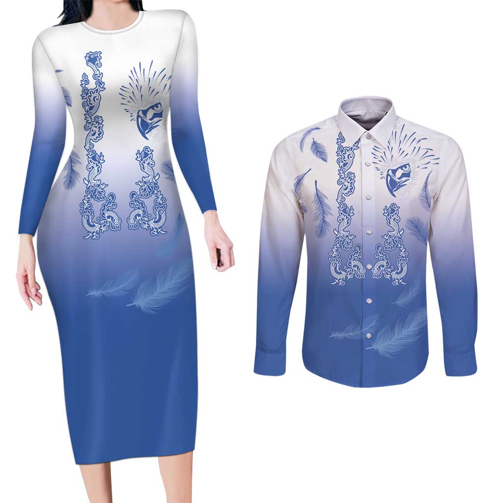 Philippines National Costume Style Couples Matching Long Sleeve Bodycon Dress and Long Sleeve Button Shirt Barong Tagalog and Eagle Feather Blue Color LT03 Blue - Polynesian Pride