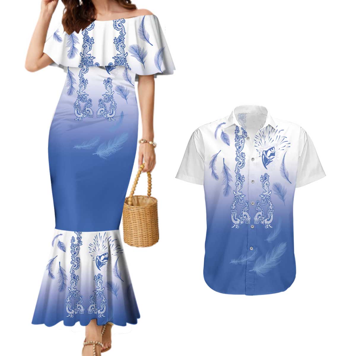 Philippines National Costume Style Couples Matching Mermaid Dress and Hawaiian Shirt Barong Tagalog and Eagle Feather Blue Color LT03 Blue - Polynesian Pride