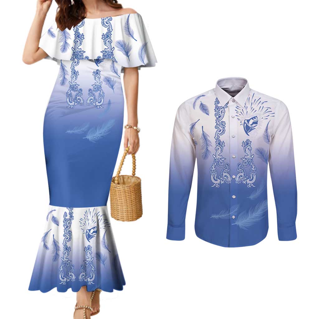Philippines National Costume Style Couples Matching Mermaid Dress and Long Sleeve Button Shirt Barong Tagalog and Eagle Feather Blue Color LT03 Blue - Polynesian Pride