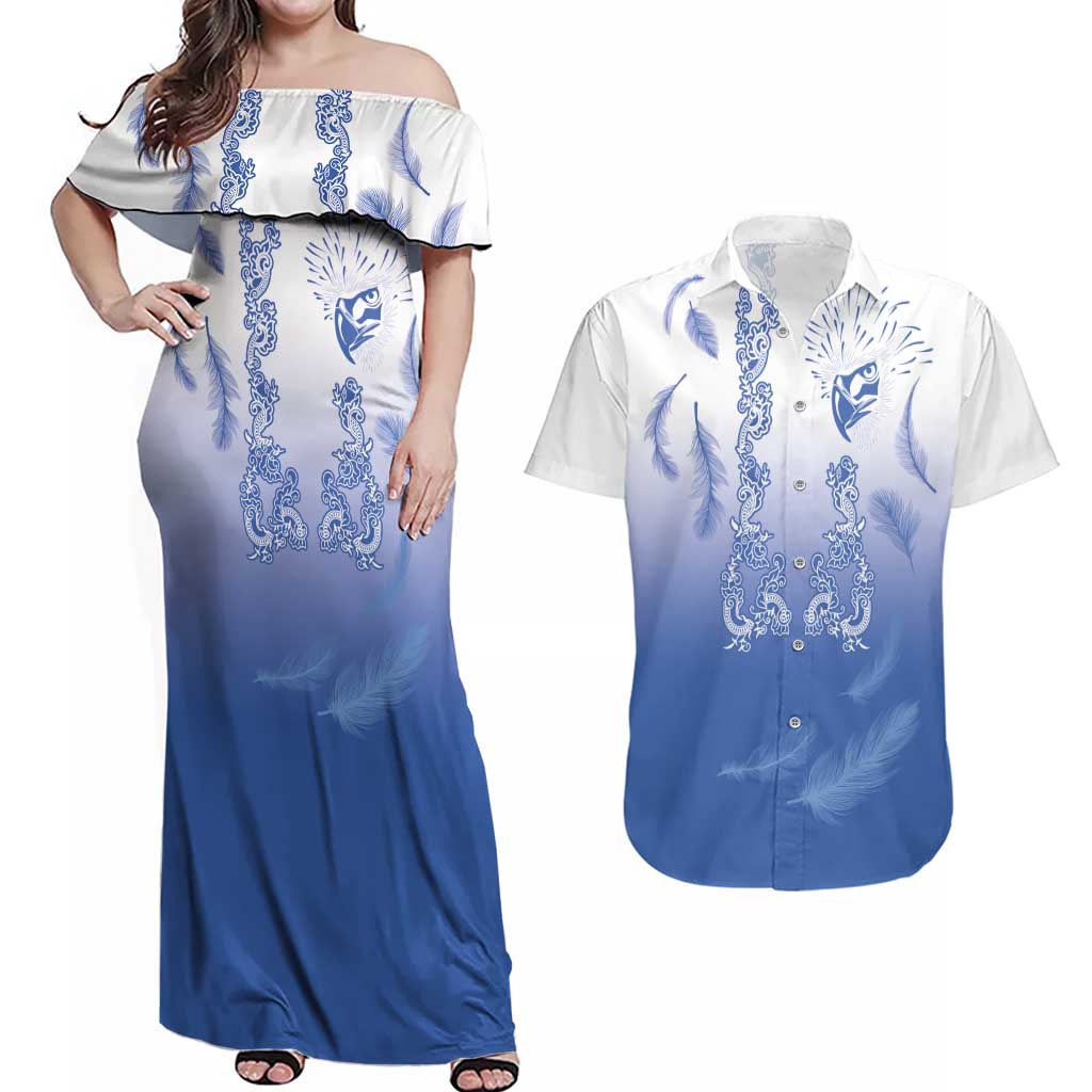 Philippines National Costume Style Couples Matching Off Shoulder Maxi Dress and Hawaiian Shirt Barong Tagalog and Eagle Feather Blue Color LT03 Blue - Polynesian Pride