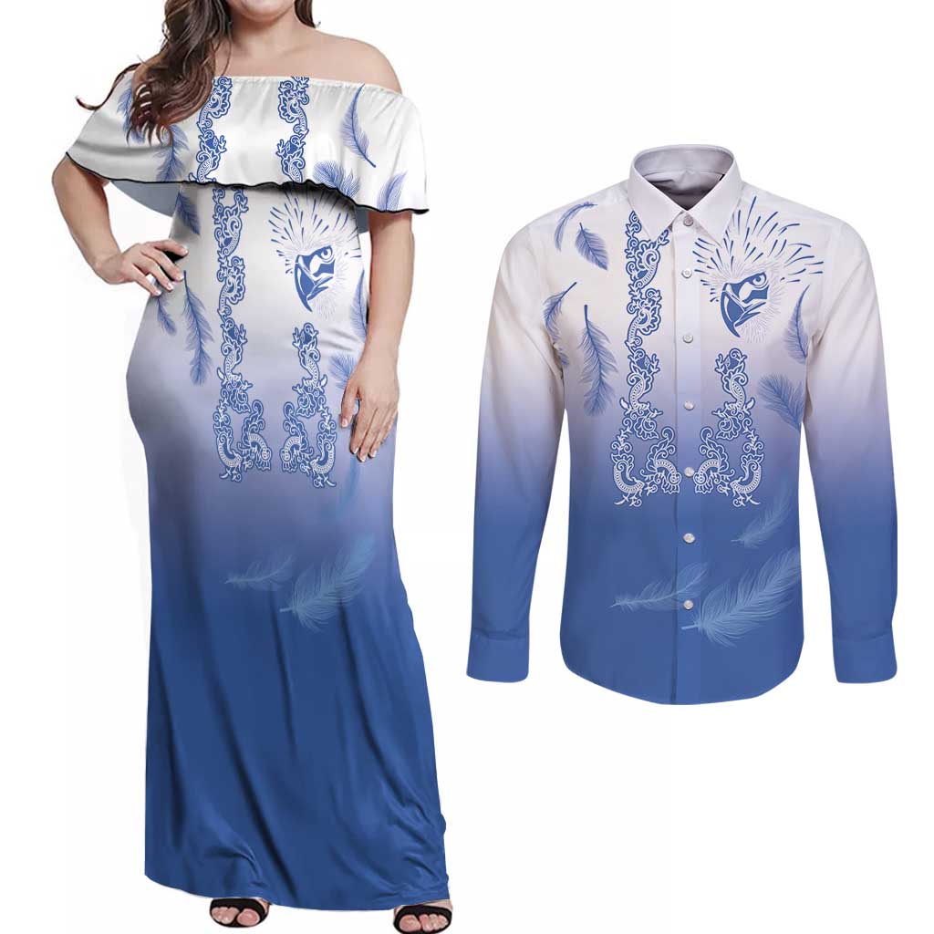 Philippines National Costume Style Couples Matching Off Shoulder Maxi Dress and Long Sleeve Button Shirt Barong Tagalog and Eagle Feather Blue Color LT03 Blue - Polynesian Pride