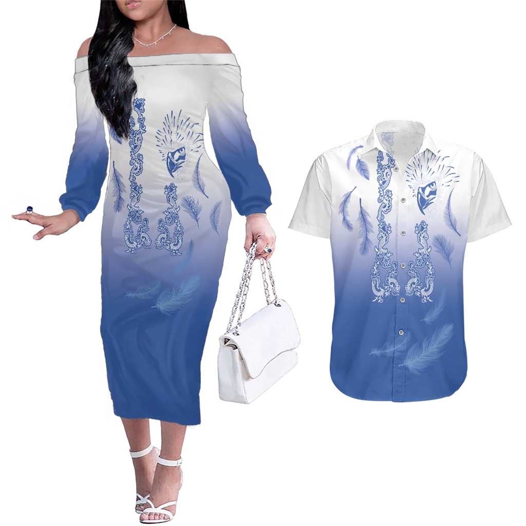 Philippines National Costume Style Couples Matching Off The Shoulder Long Sleeve Dress and Hawaiian Shirt Barong Tagalog and Eagle Feather Blue Color LT03 Blue - Polynesian Pride