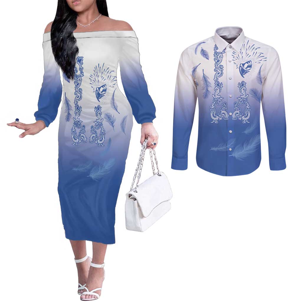 Philippines National Costume Style Couples Matching Off The Shoulder Long Sleeve Dress and Long Sleeve Button Shirt Barong Tagalog and Eagle Feather Blue Color LT03 Blue - Polynesian Pride