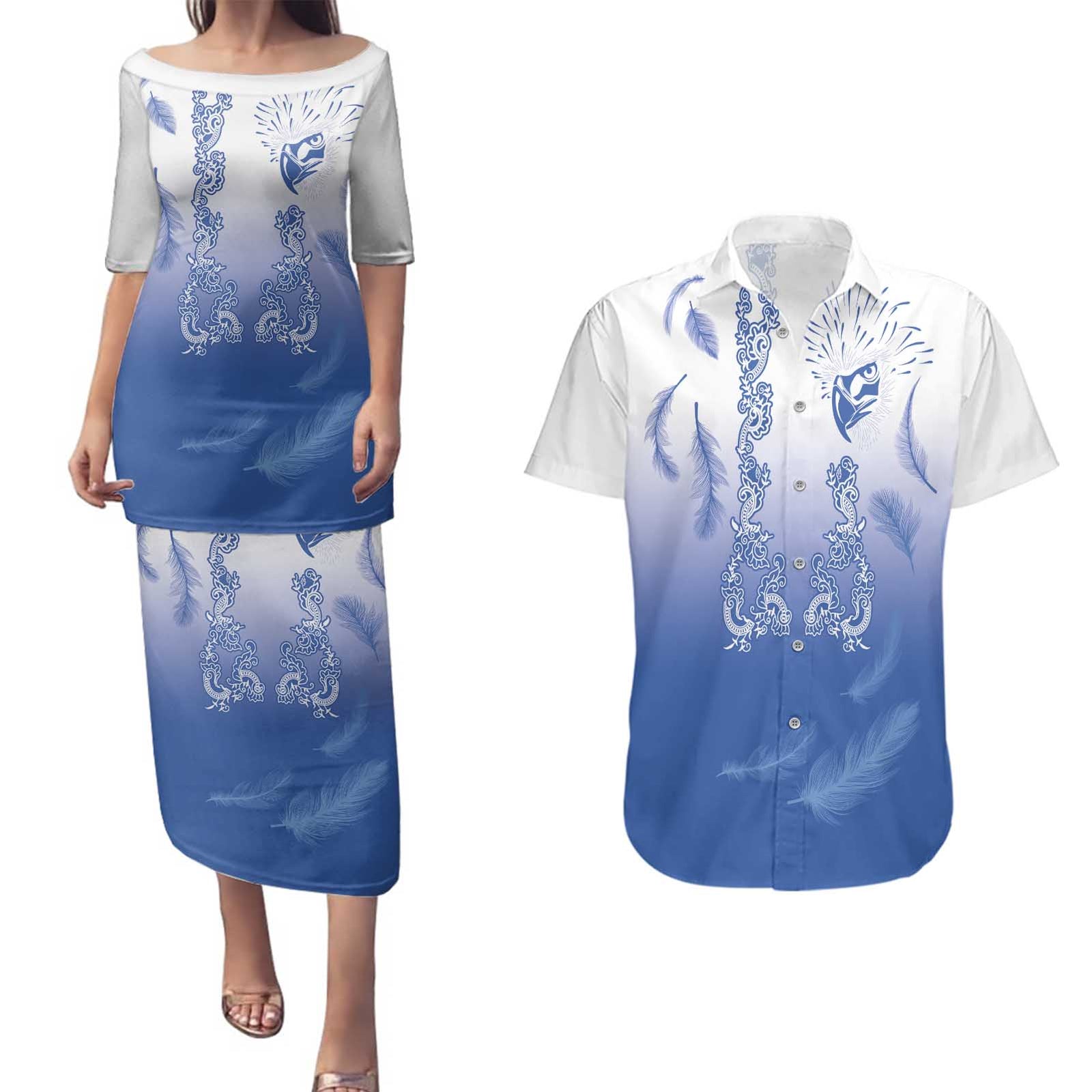 Philippines National Costume Style Couples Matching Puletasi and Hawaiian Shirt Barong Tagalog and Eagle Feather Blue Color LT03 Blue - Polynesian Pride