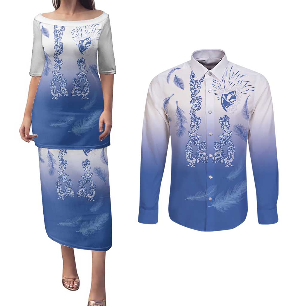 Philippines National Costume Style Couples Matching Puletasi and Long Sleeve Button Shirt Barong Tagalog and Eagle Feather Blue Color LT03 Blue - Polynesian Pride