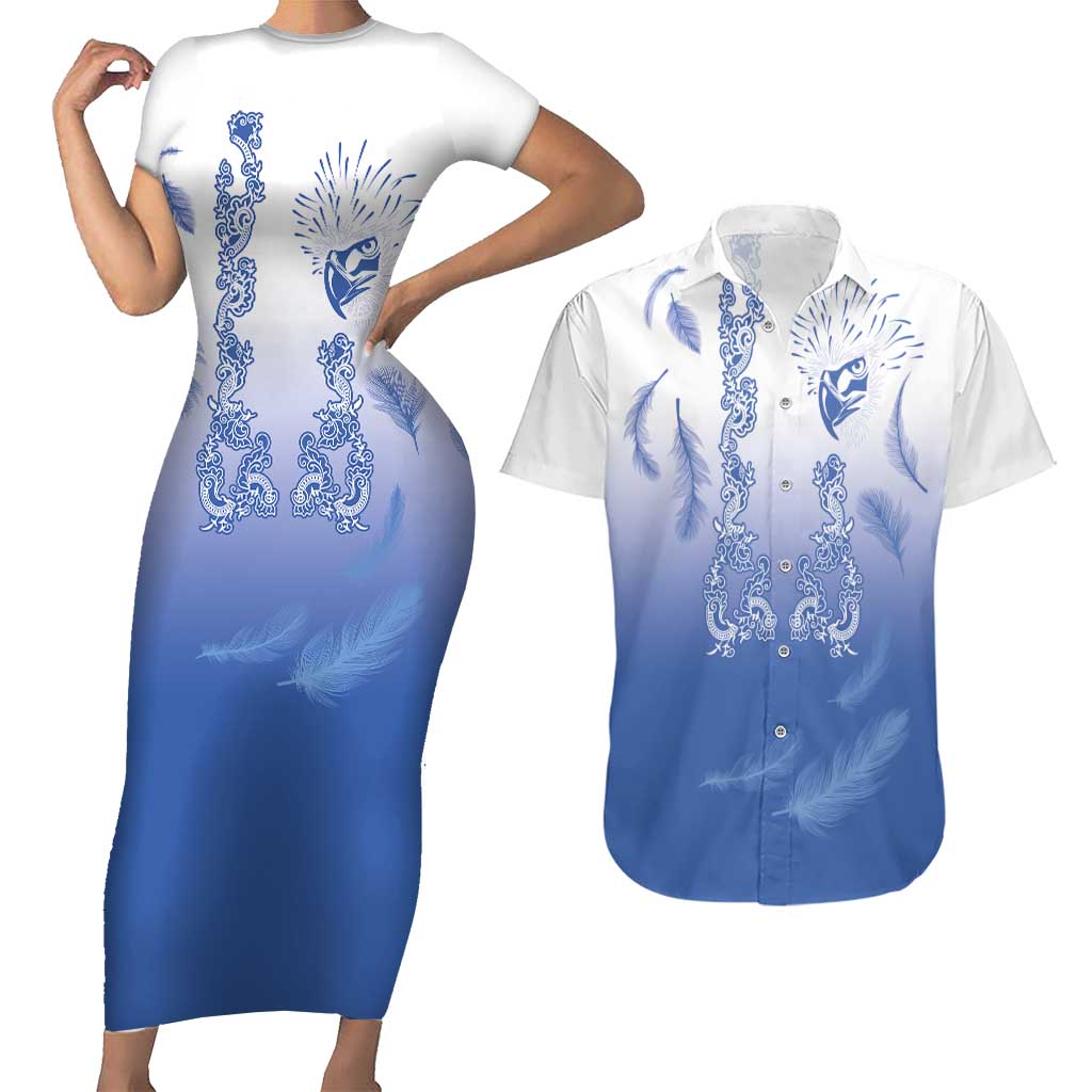 Philippines National Costume Style Couples Matching Short Sleeve Bodycon Dress and Hawaiian Shirt Barong Tagalog and Eagle Feather Blue Color LT03 Blue - Polynesian Pride
