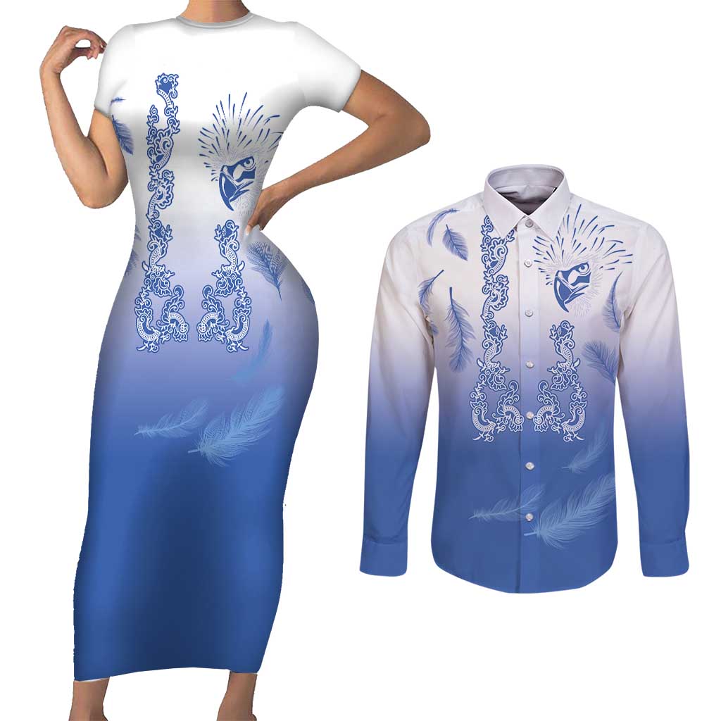 Philippines National Costume Style Couples Matching Short Sleeve Bodycon Dress and Long Sleeve Button Shirt Barong Tagalog and Eagle Feather Blue Color LT03 Blue - Polynesian Pride