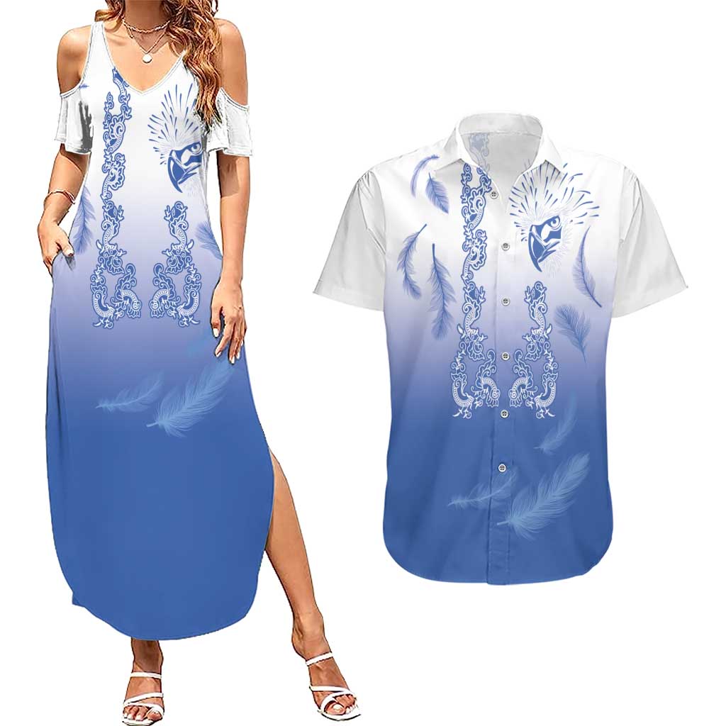 Philippines National Costume Style Couples Matching Summer Maxi Dress and Hawaiian Shirt Barong Tagalog and Eagle Feather Blue Color LT03 Blue - Polynesian Pride