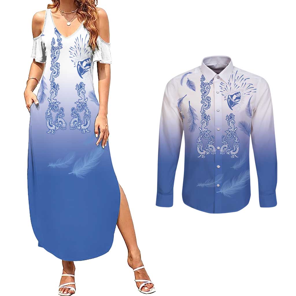 Philippines National Costume Style Couples Matching Summer Maxi Dress and Long Sleeve Button Shirt Barong Tagalog and Eagle Feather Blue Color LT03 Blue - Polynesian Pride