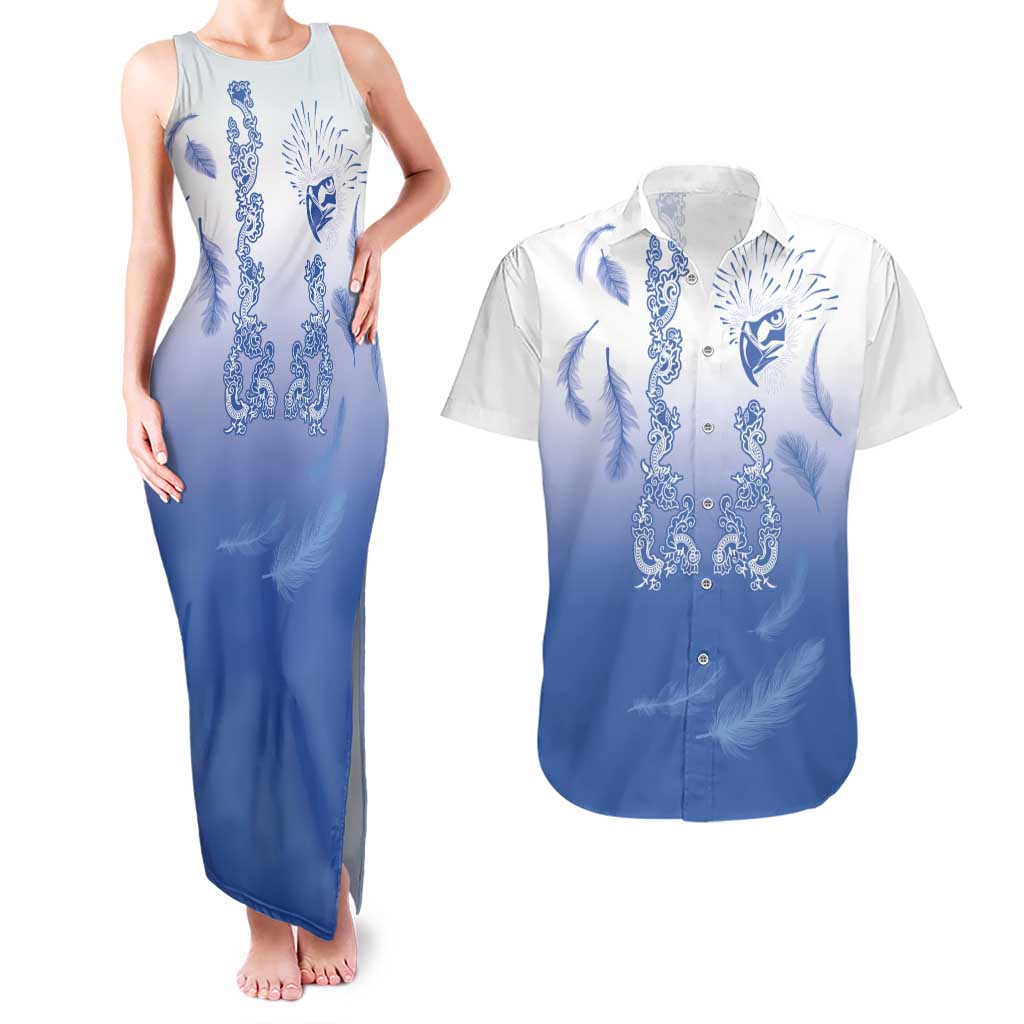Philippines National Costume Style Couples Matching Tank Maxi Dress and Hawaiian Shirt Barong Tagalog and Eagle Feather Blue Color LT03 Blue - Polynesian Pride