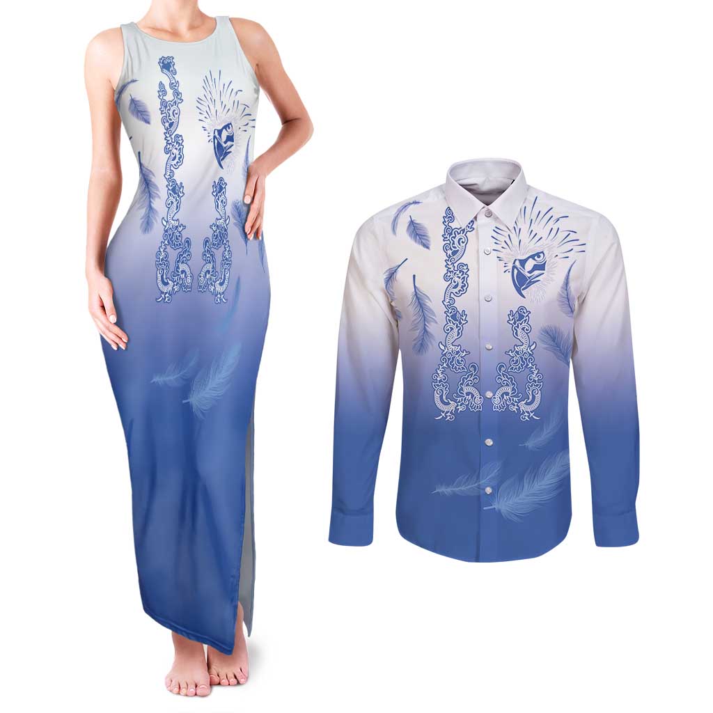 Philippines National Costume Style Couples Matching Tank Maxi Dress and Long Sleeve Button Shirt Barong Tagalog and Eagle Feather Blue Color LT03 Blue - Polynesian Pride