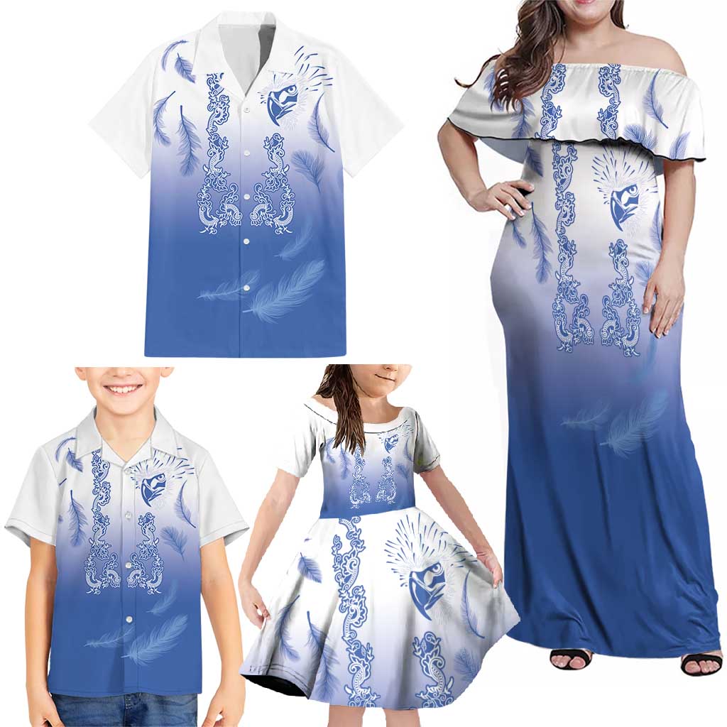 Philippines National Costume Style Family Matching Off Shoulder Maxi Dress and Hawaiian Shirt Barong Tagalog and Eagle Feather Blue Color